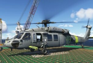 Uma imagem promocional mostrando o helicóptero MH-60 Seahawk da Miltech Simulations em uma missão de resgate no mar, com um navio de guerra ao fundo.