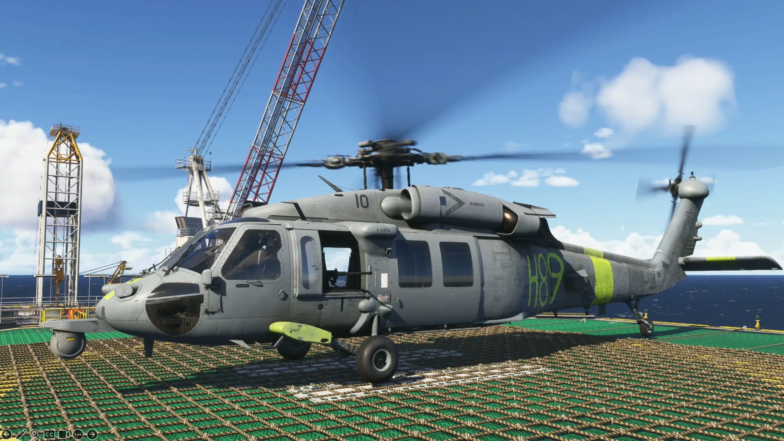 Uma imagem promocional mostrando o helicóptero MH-60 Seahawk da Miltech Simulations em uma missão de resgate no mar, com um navio de guerra ao fundo.