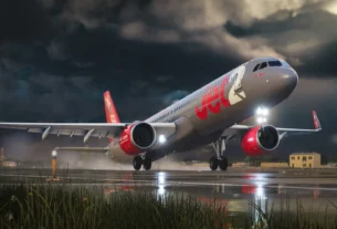 Imagem de um Airbus A321neo da FSLabs em voo, com a logo da FSLabs em destaque.