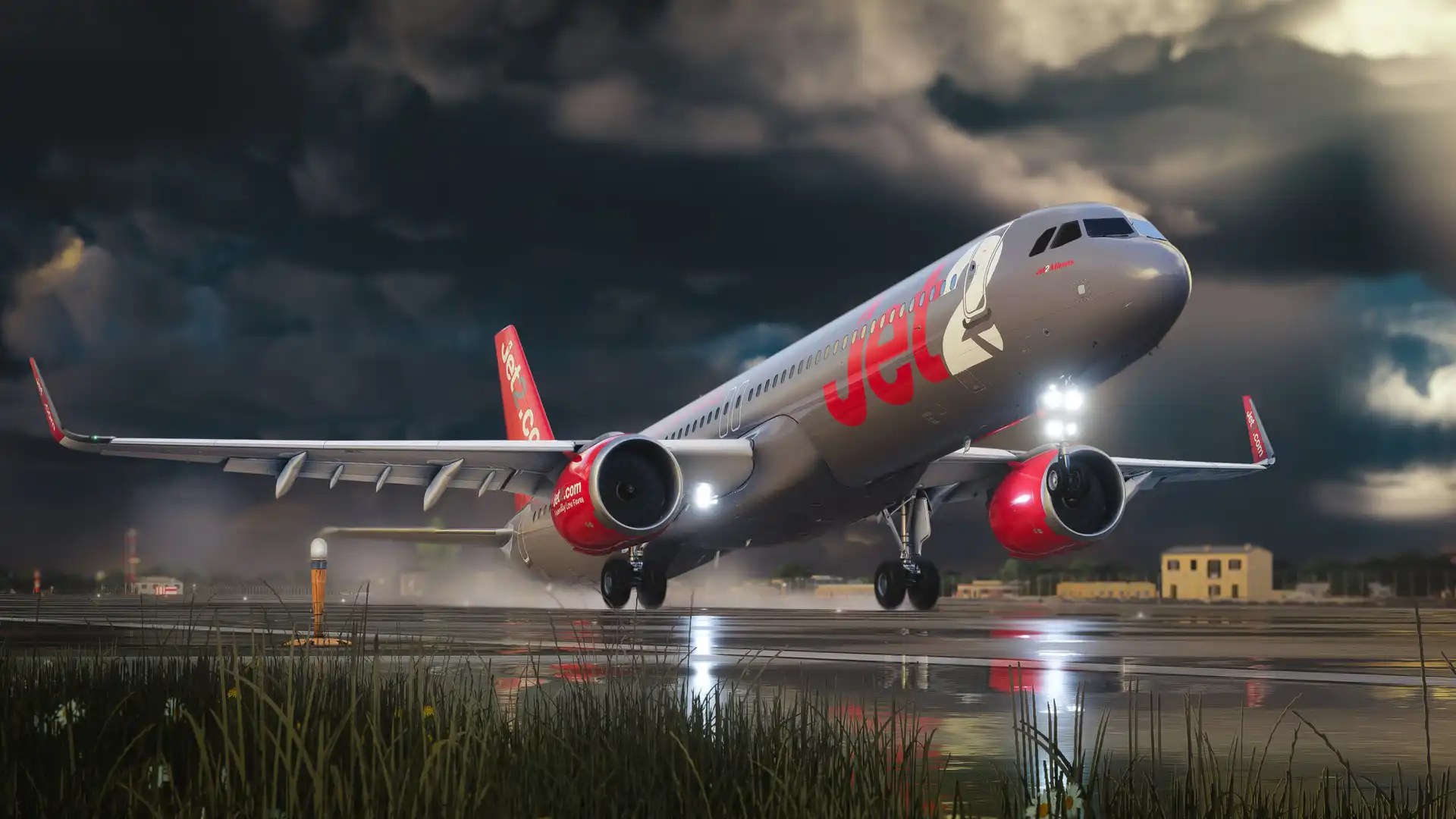 Imagem de um Airbus A321neo da FSLabs em voo, com a logo da FSLabs em destaque.