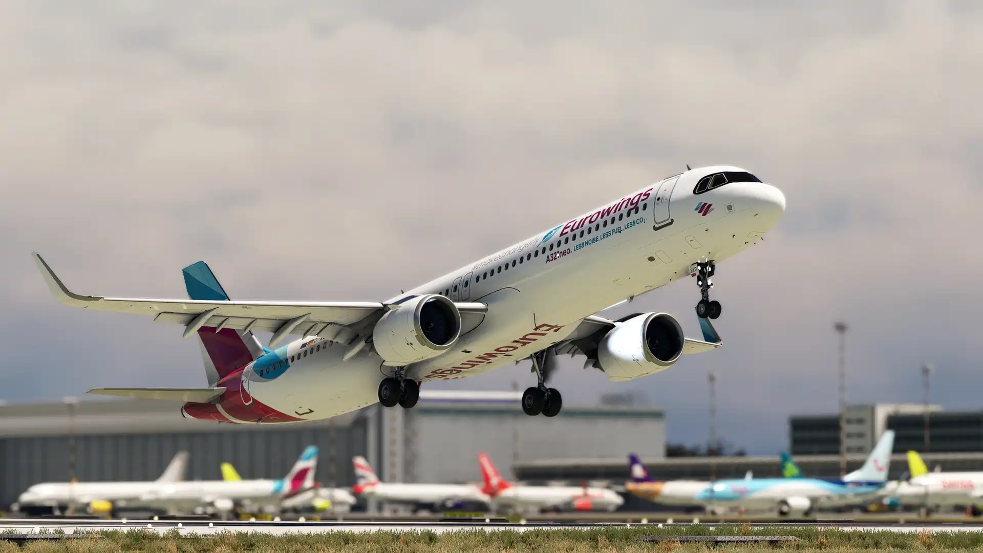 FSLabs A321neo no Microsoft Flight nas cores da Eurowings no Simulator decolando.