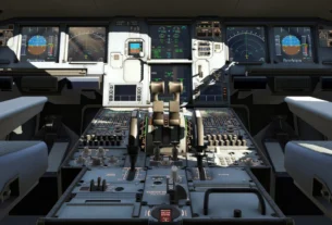 Cockpit de um Airbus A320ceo da ToLiss com telas ligadas, visto de dentro do simulador X-Plane.