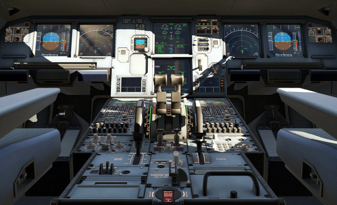 Cockpit de um Airbus A320ceo da ToLiss com telas ligadas, visto de dentro do simulador X-Plane.