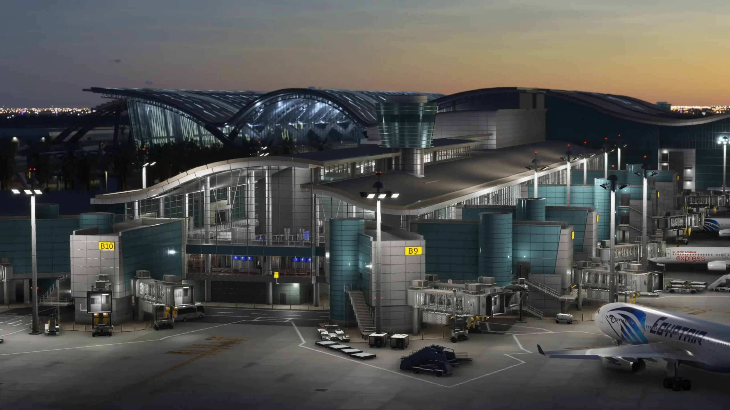 Vista aérea noturna do Aeroporto Internacional de Hamad no Microsoft Flight Simulator, destacando os terminais iluminados.