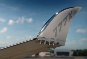A Boeing 777X wingtip wiht 777X letters