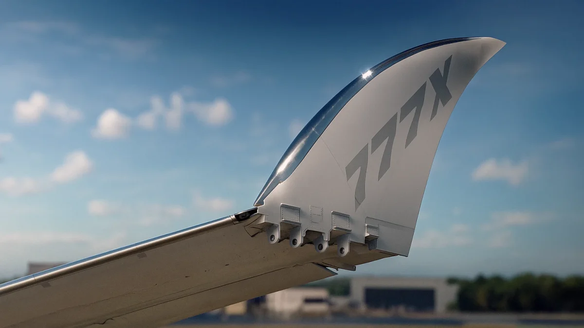 A Boeing 777X wingtip wiht 777X letters