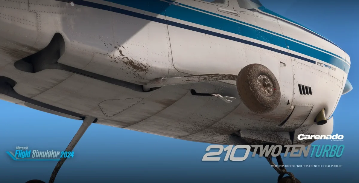 Cessna 210 Turbo Centurion da Carenado visto por fora, em uma pista no Microsoft Flight Simulator.