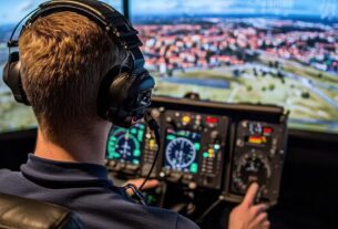 Pessoa em um cockpit virtual elogo da Expo Aviação Virtual 2025
