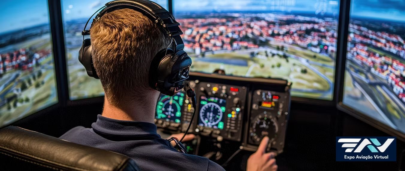 Pessoa em um cockpit virtual elogo da Expo Aviação Virtual 2025