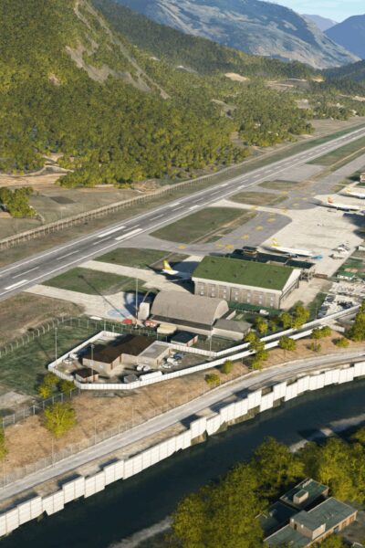 Visão aérea do Aeroporto Internacional de Paro (VQPR) no vale do Himalaia, com uma aeronave se aproximando da pista.