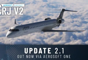 Cockpit do Aerosoft CRJ no Microsoft Flight Simulator exibindo as novas atualizações de sistema no painel.