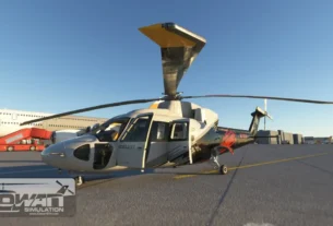 Helicóptero da CowanSim S-76C++ no páteo com um céu azul.