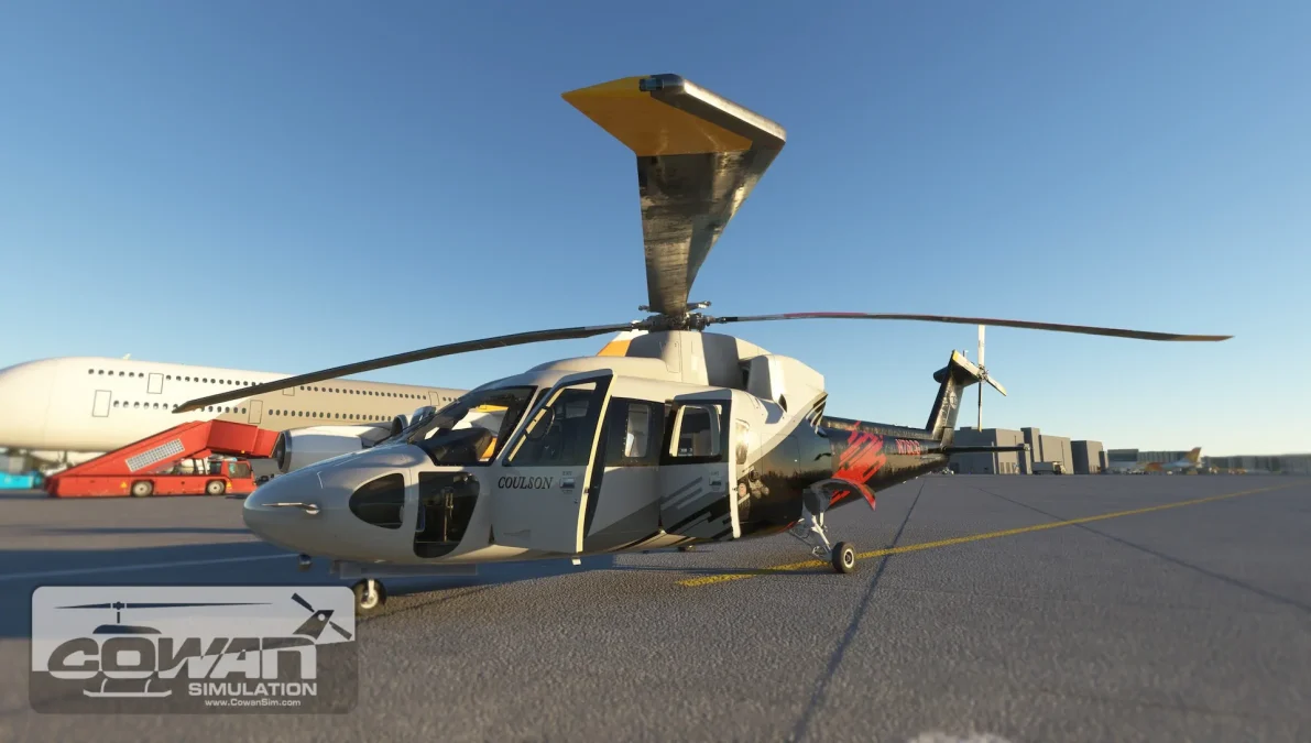 Helicóptero da CowanSim S-76C++ no páteo com um céu azul.