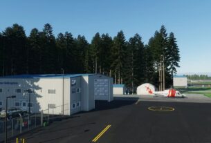 Vista aérea do Aeroporto de Homer (PAHO) no X-Plane 12, mostrando a pista e os edifícios detalhados. Desenvolvido pela RealWorldScenery