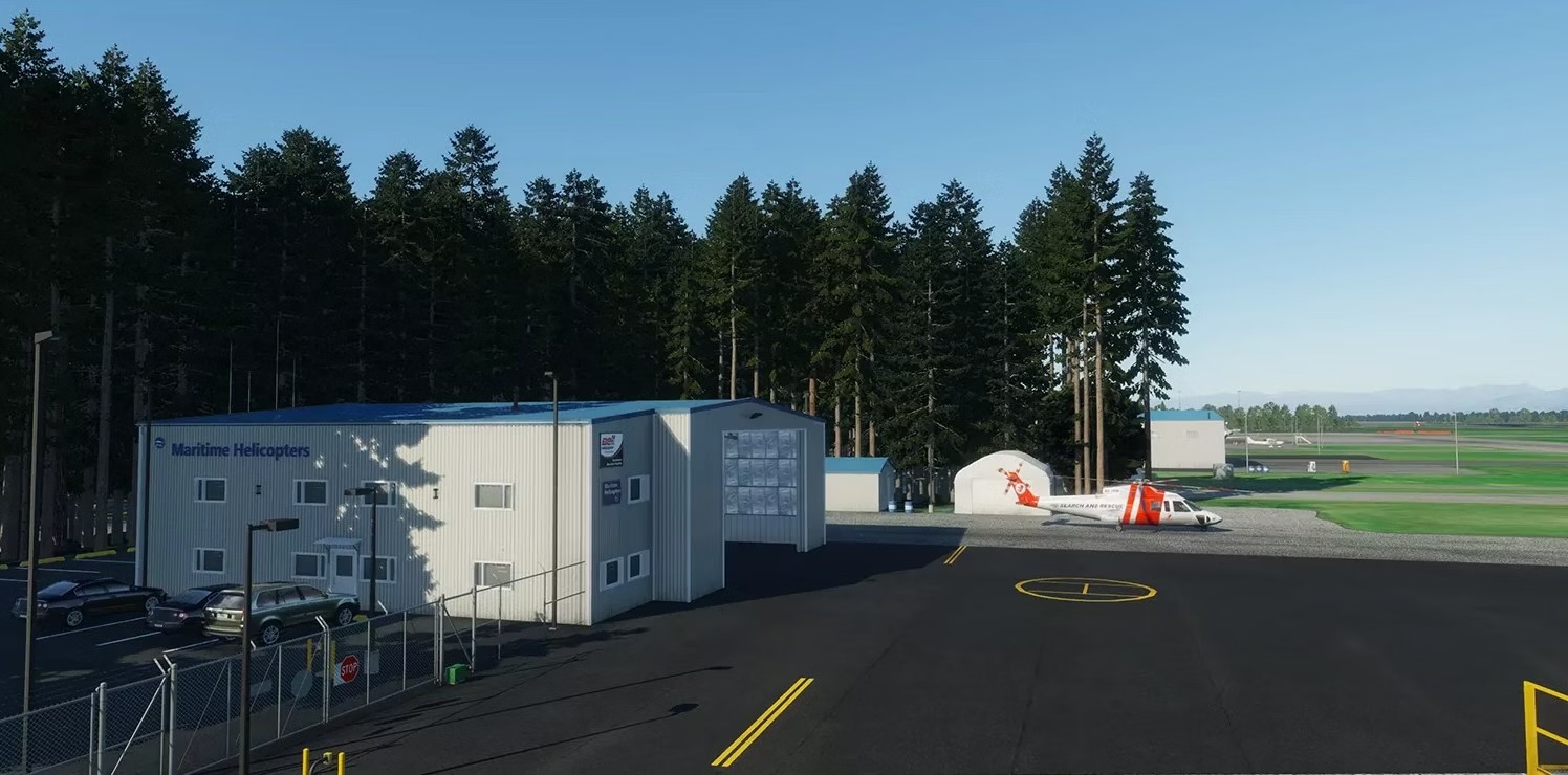 Vista aérea do Aeroporto de Homer (PAHO) no X-Plane 12, mostrando a pista e os edifícios detalhados. Desenvolvido pela RealWorldScenery