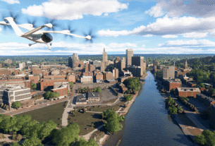 Vista aérea de Manhattan no Microsoft Flight Simulator após a instalação do City Update 11, destacando os arranha-céus e a densidade urbana.
