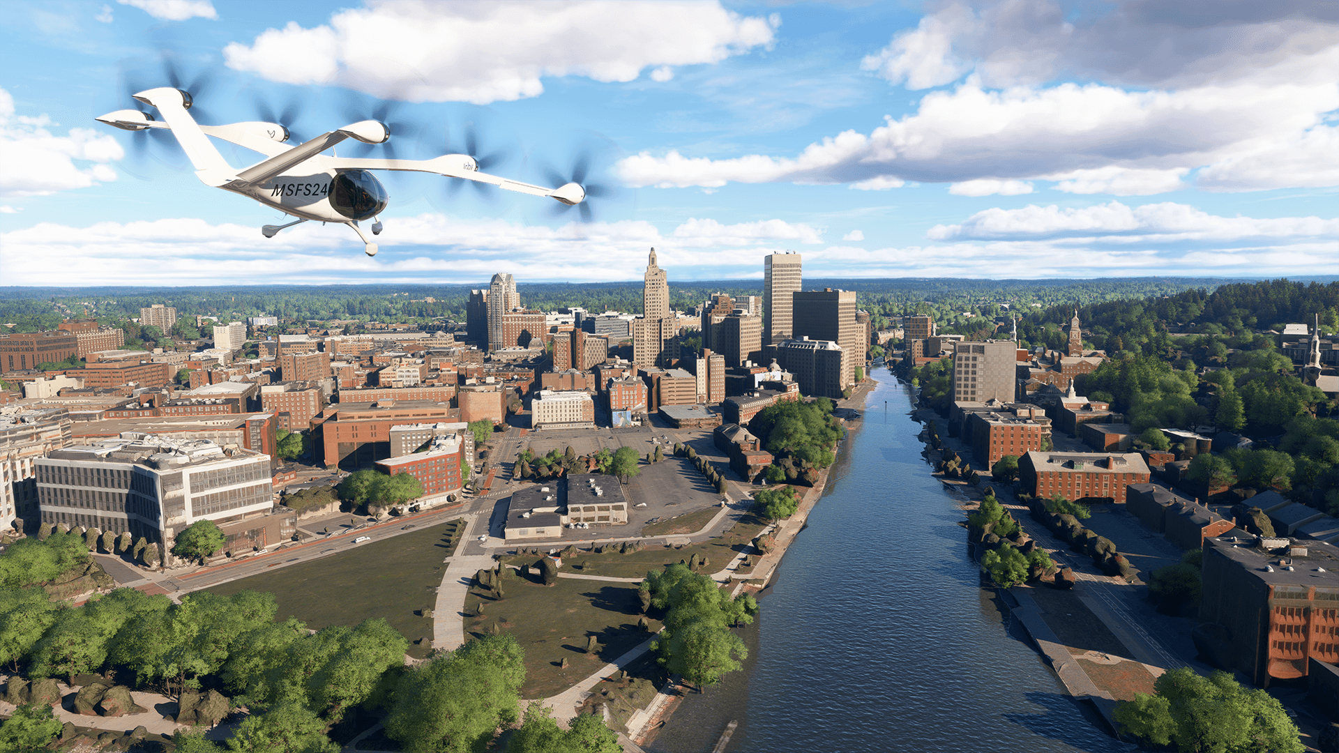 Vista aérea de Manhattan no Microsoft Flight Simulator após a instalação do City Update 11, destacando os arranha-céus e a densidade urbana.