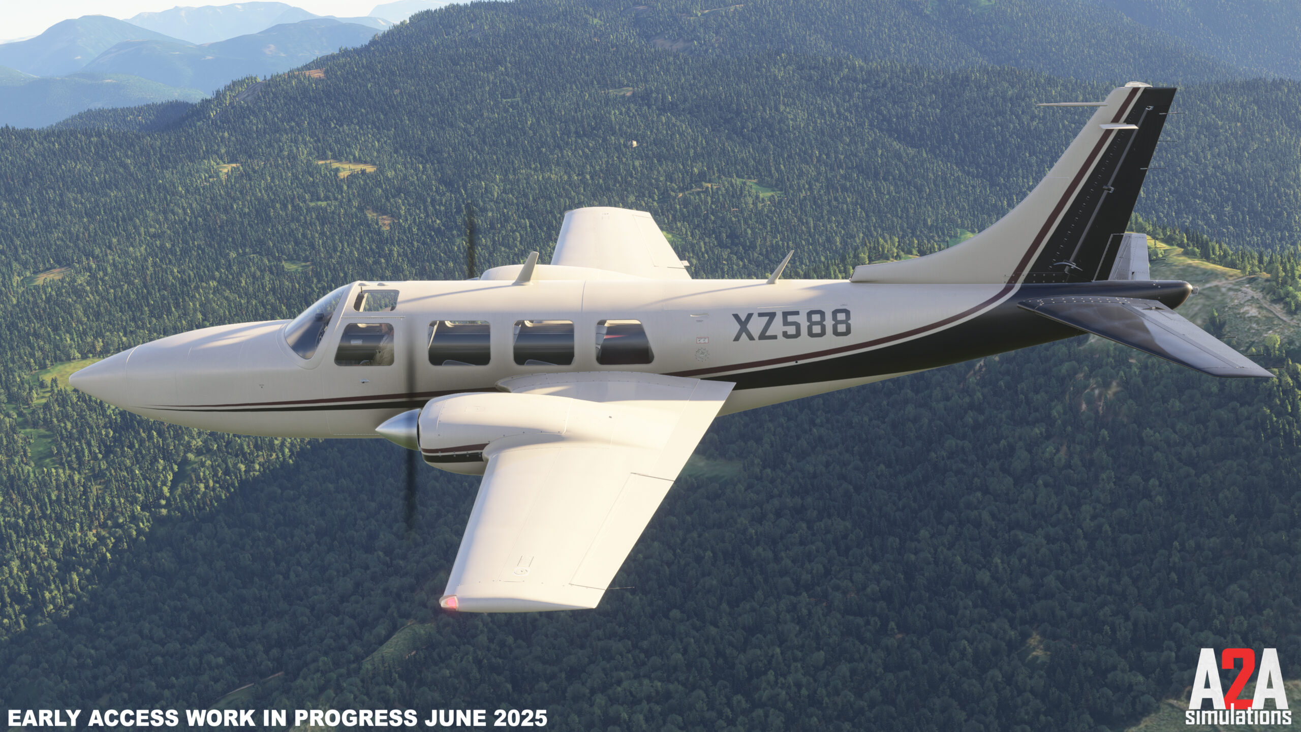 Imagem promocional do A2A Accu-Sim Aerostar em voo no Microsoft Flight Simulator.