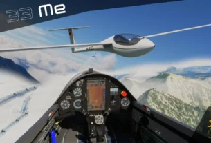 O planador AS 33 Me da Got Friends voando sobre uma cadeia de montanhas no Microsoft Flight Simulator.