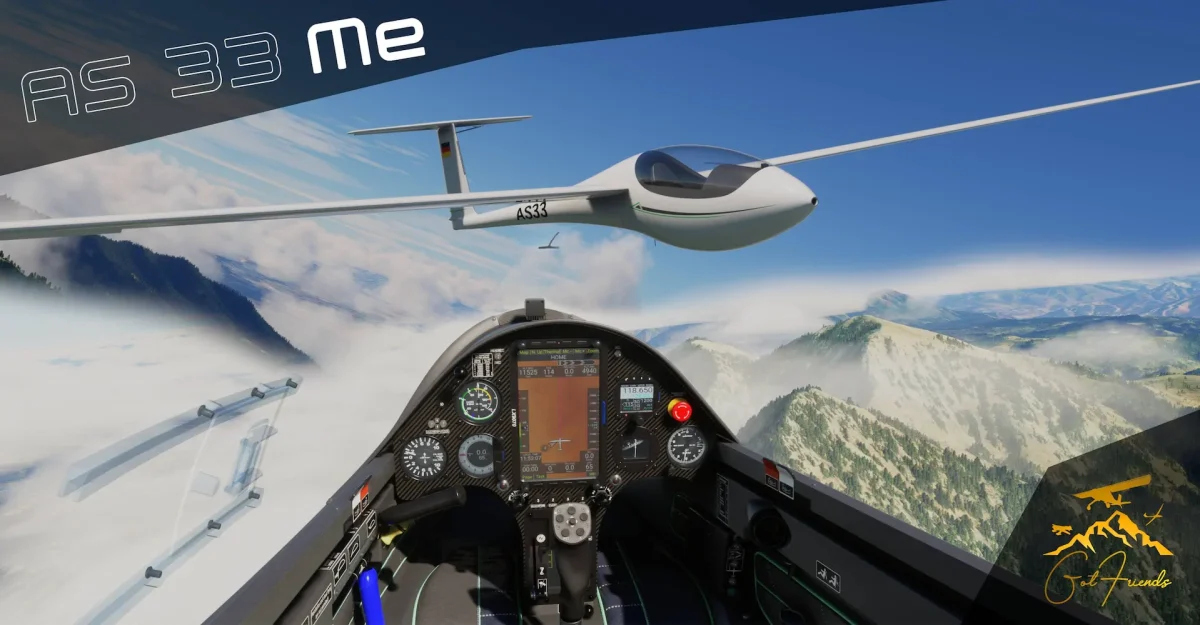 O planador AS 33 Me da Got Friends voando sobre uma cadeia de montanhas no Microsoft Flight Simulator.