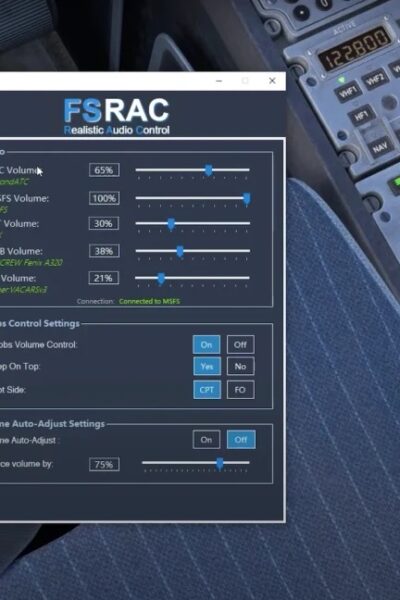 Interface do FSRAC 3.0 exibindo opções de configuração de áudio para o Microsoft Flight Simulator.