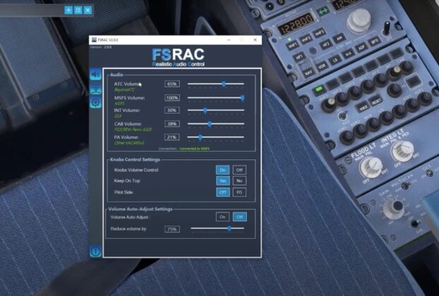 Interface do FSRAC 3.0 exibindo opções de configuração de áudio para o Microsoft Flight Simulator.