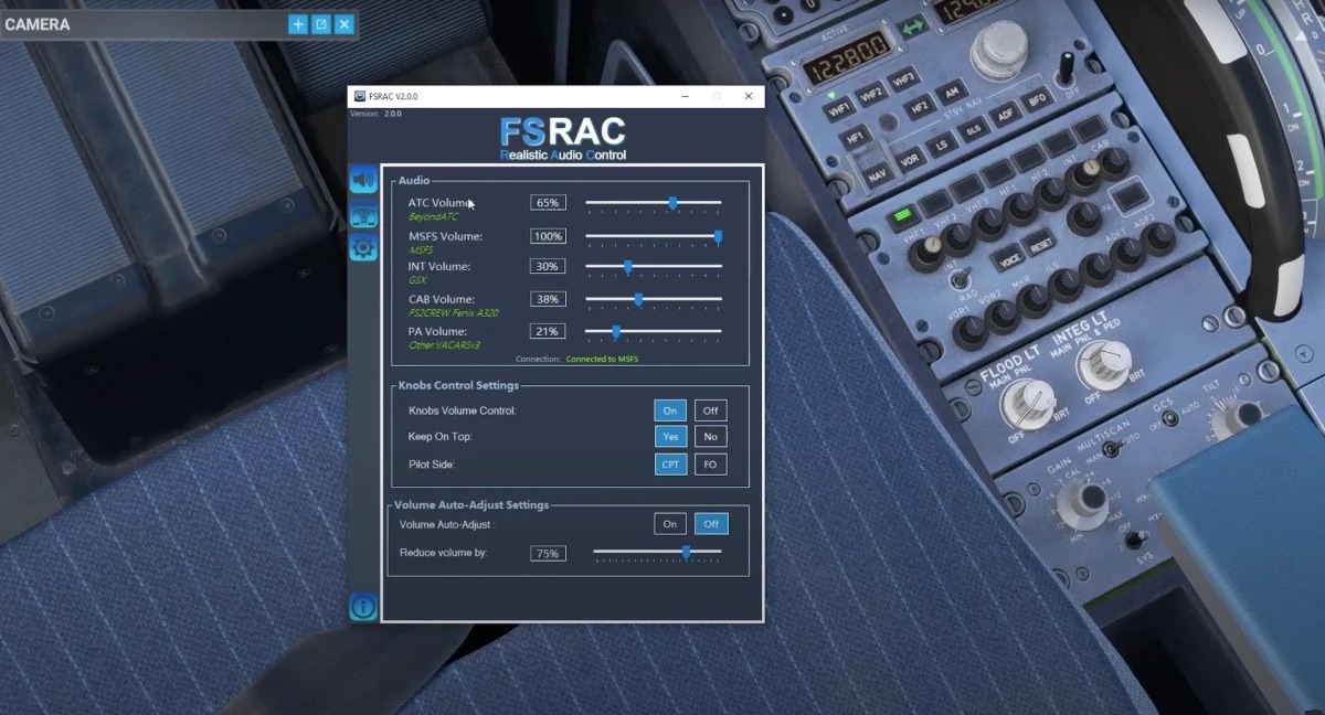 Interface do FSRAC 3.0 exibindo opções de configuração de áudio para o Microsoft Flight Simulator.