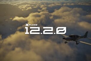 Interface do X-Plane 12.2.0 mostrando uma aeronave voando entre nuvens volumétricas realistas, com iluminação aprimorada.