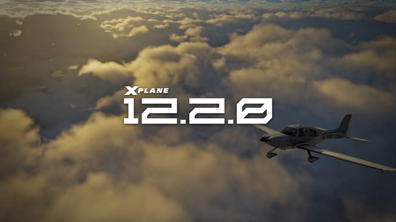 Interface do X-Plane 12.2.0 mostrando uma aeronave voando entre nuvens volumétricas realistas, com iluminação aprimorada.