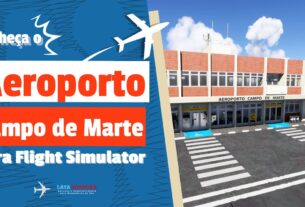 Vista aérea do Aeroporto Campo de Marte no Flight Simulator, destacando os hangares