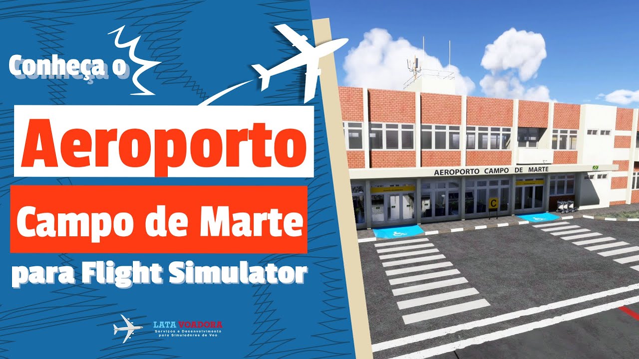 Vista aérea do Aeroporto Campo de Marte no Flight Simulator, destacando os hangares