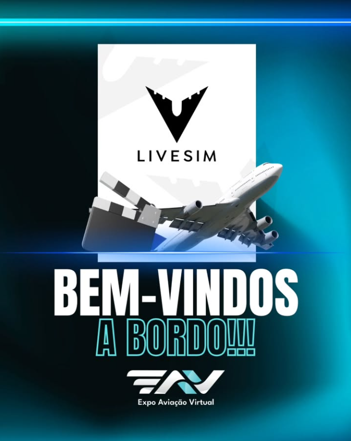 Logotipos da LiveSim e da Expo Aviação Virtual (EAV), destacando a participação da empresa de produção de vídeo no evento.