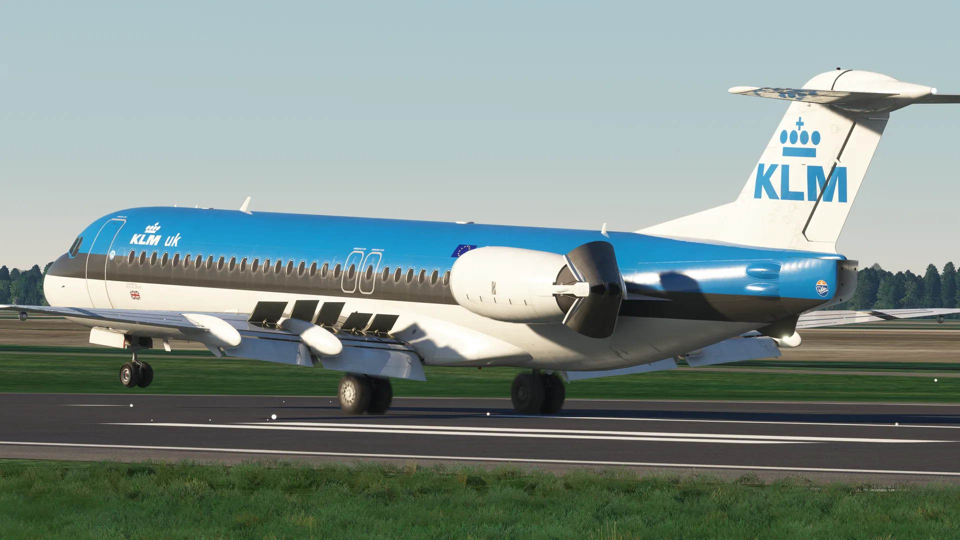 Fokker F100 da Just Flight no Microsoft Flight Simulator pousando com Spoliers e reverso abertos