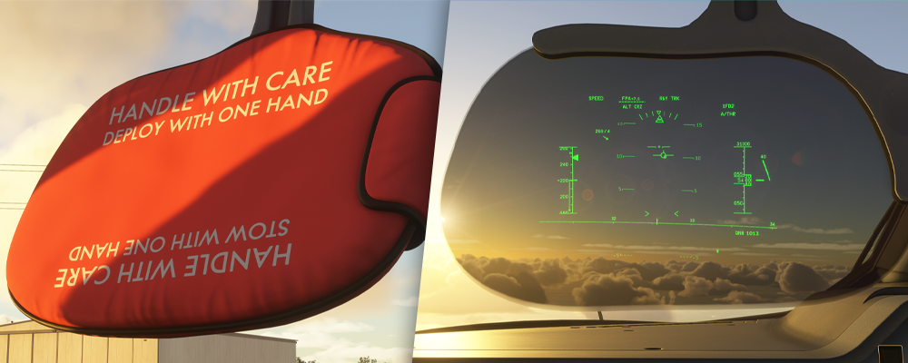 O novo sistema HUD (Heads-Up Display) do iniBuilds A350 visto de dentro do cockpit no Microsoft Flight Simulator.