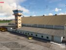 Vista aérea do novo cenário da Latavoadora, mostrando o Porto de Santos e a Base Aérea de Santos (SBST) no Microsoft Flight Simulator.