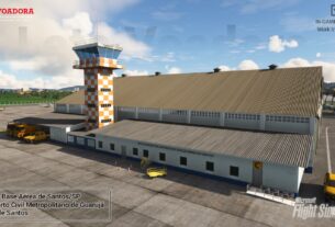 Vista aérea do novo cenário da Latavoadora, mostrando o Porto de Santos e a Base Aérea de Santos (SBST) no Microsoft Flight Simulator.