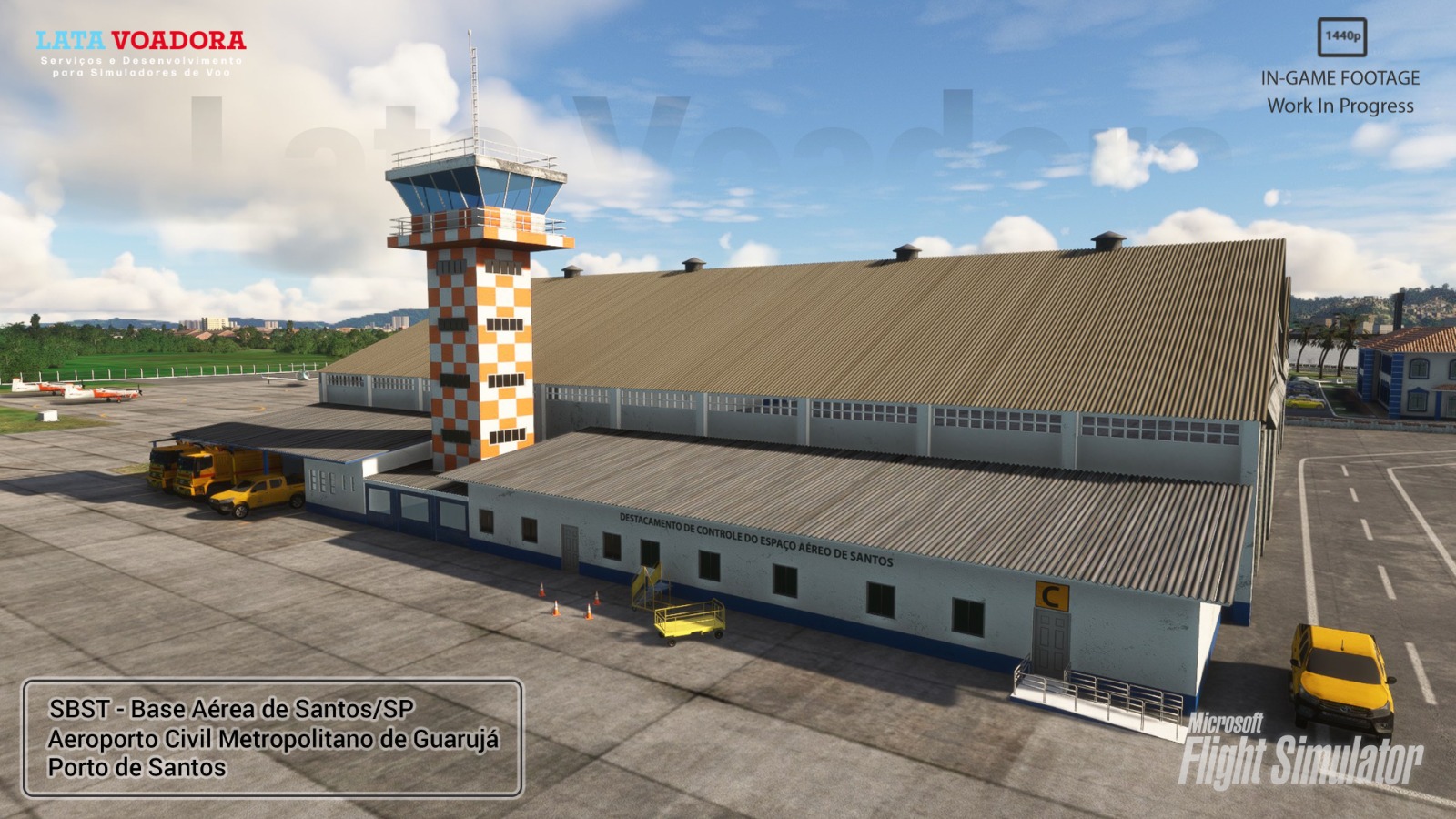 Vista aérea do novo cenário da Latavoadora, mostrando o Porto de Santos e a Base Aérea de Santos (SBST) no Microsoft Flight Simulator.