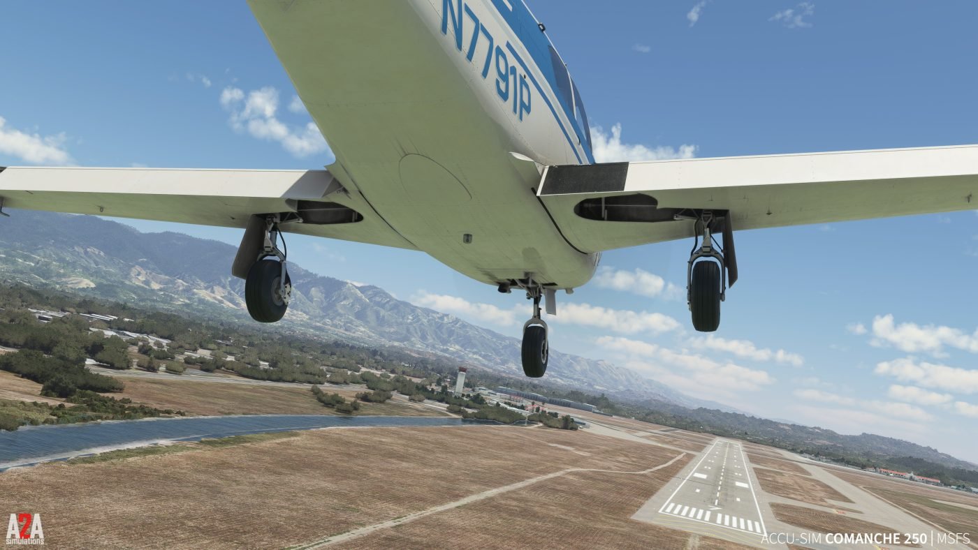 Cockpit do A2A Comanche 250 no Microsoft Flight Simulator, com os aviônicos e GPS em destaque.