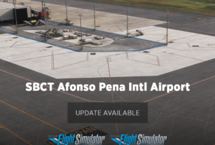 Vista aérea do pátio do Aeroporto Afonso Pena (SBCT) da FlytSim com novas posições de estacionamento no Microsoft Flight Simulator.