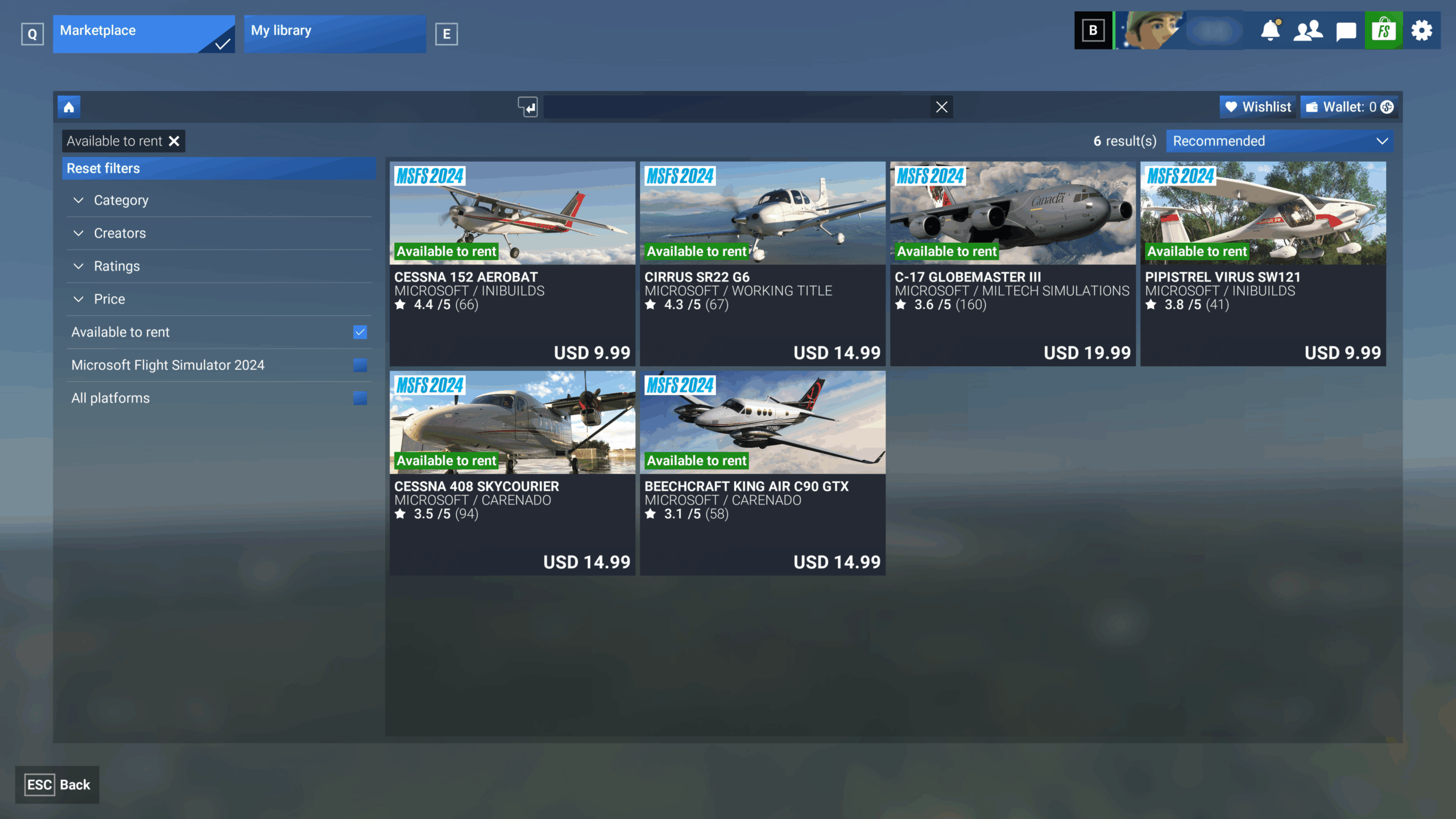 Uma montagem de aeronaves das edições Deluxe e Premium Deluxe do Microsoft Flight Simulator 2024, destacando o novo recurso de aluguel no Marketplace.