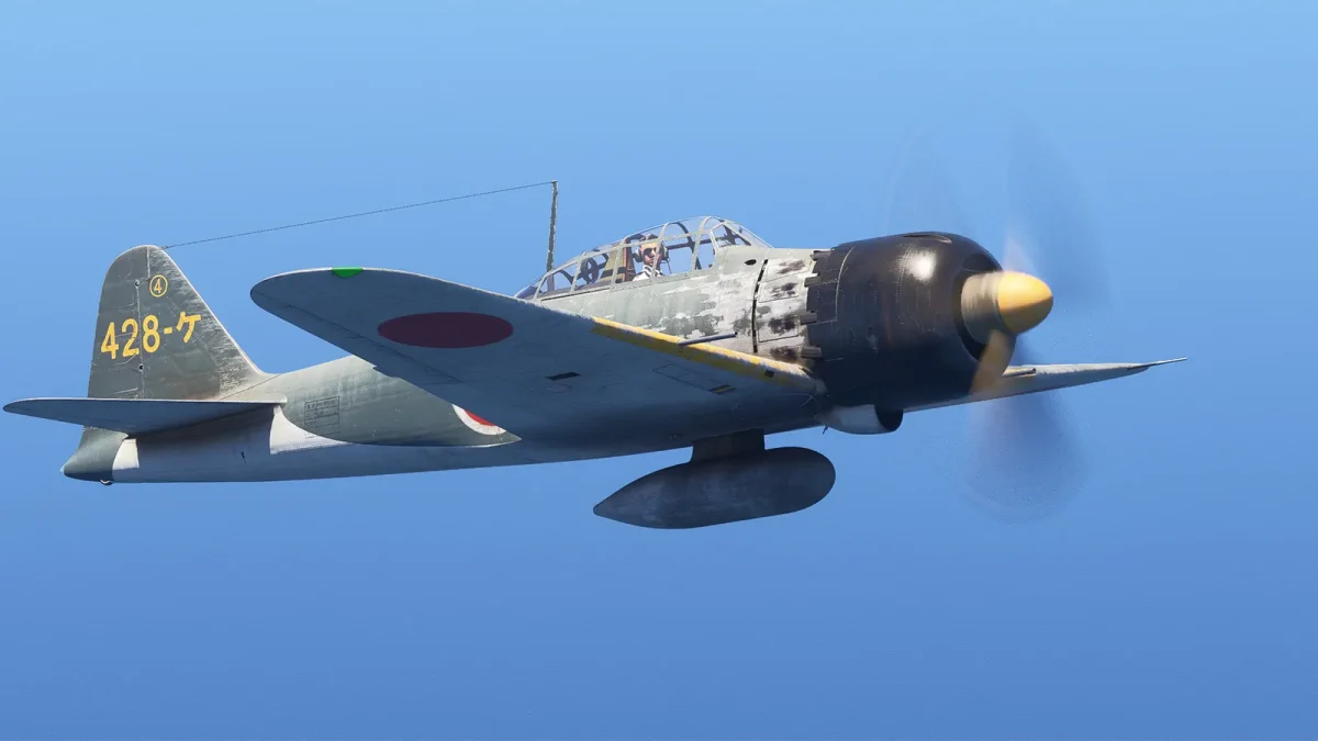 Caça A6M5 Zero da Blackbird voando sobre o oceano no MSFS 2024.