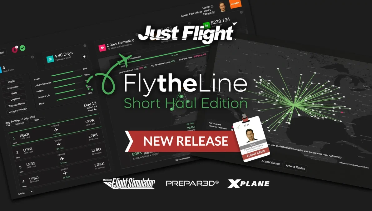 Fly the Line Short Haul Edition interface mostrando progressão de carreira de piloto
