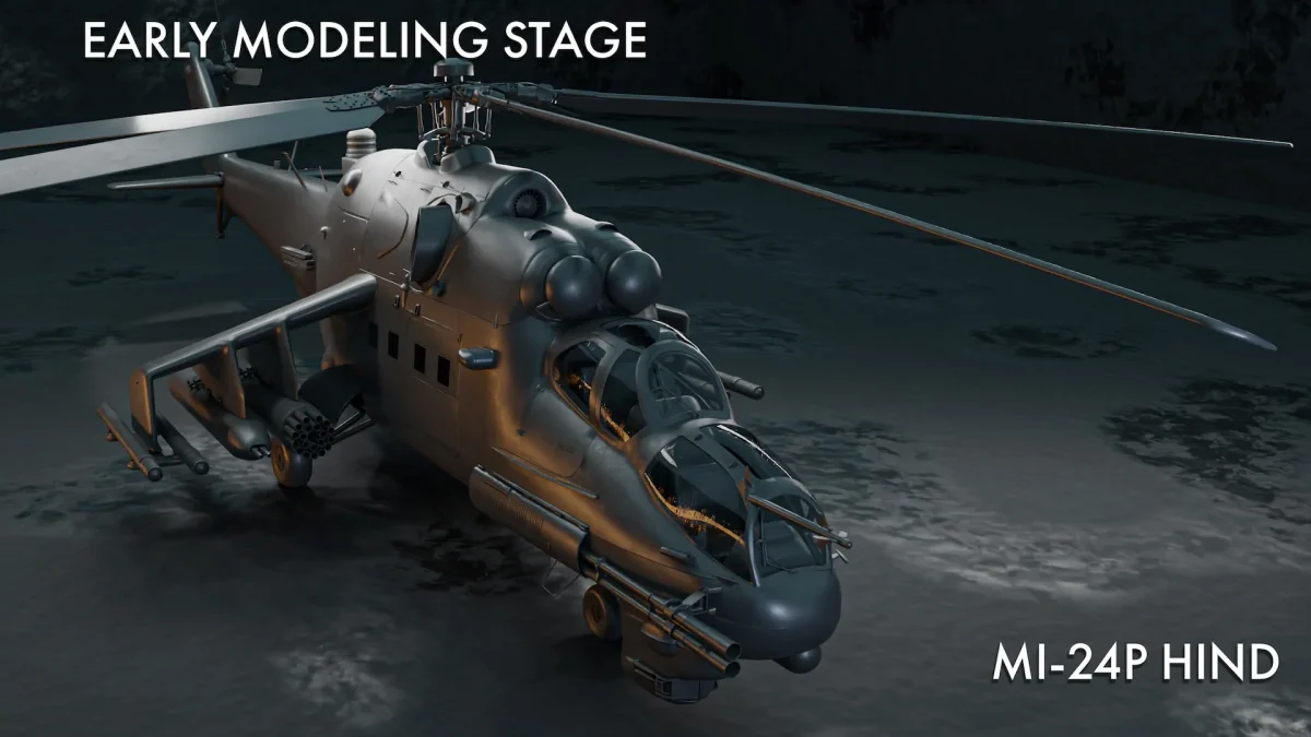 Helicóptero de ataque Mi-24P Hind da Flying Fries em um modelo avançado no Microsoft Flight Simulator 2024.