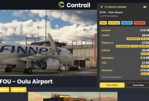 Interface da extensão FS Addon Compare exibindo a comparação de preços de um add-on para Microsoft Flight Simulator em uma loja online.