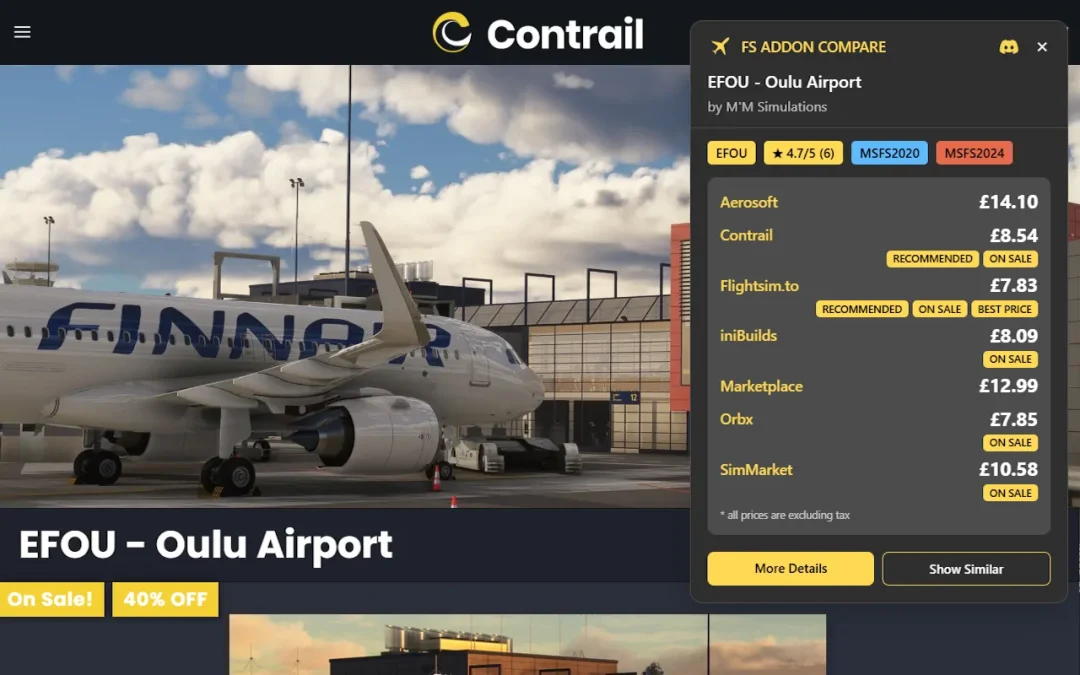 Interface da extensão FS Addon Compare exibindo a comparação de preços de um add-on para Microsoft Flight Simulator em uma loja online.