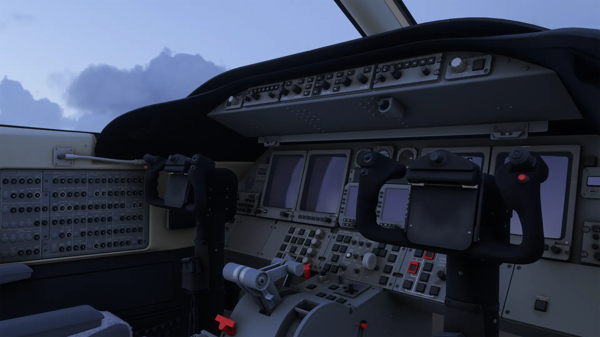 === TÍTULO === Just Flight Revela Cockpit Detalhado do LJ45 Professional === ALT-TEXT === Cockpit do Just Flight LJ45 Professional em desenvolvimento, mostrando os painéis de instrumentos e texturas detalhadas.