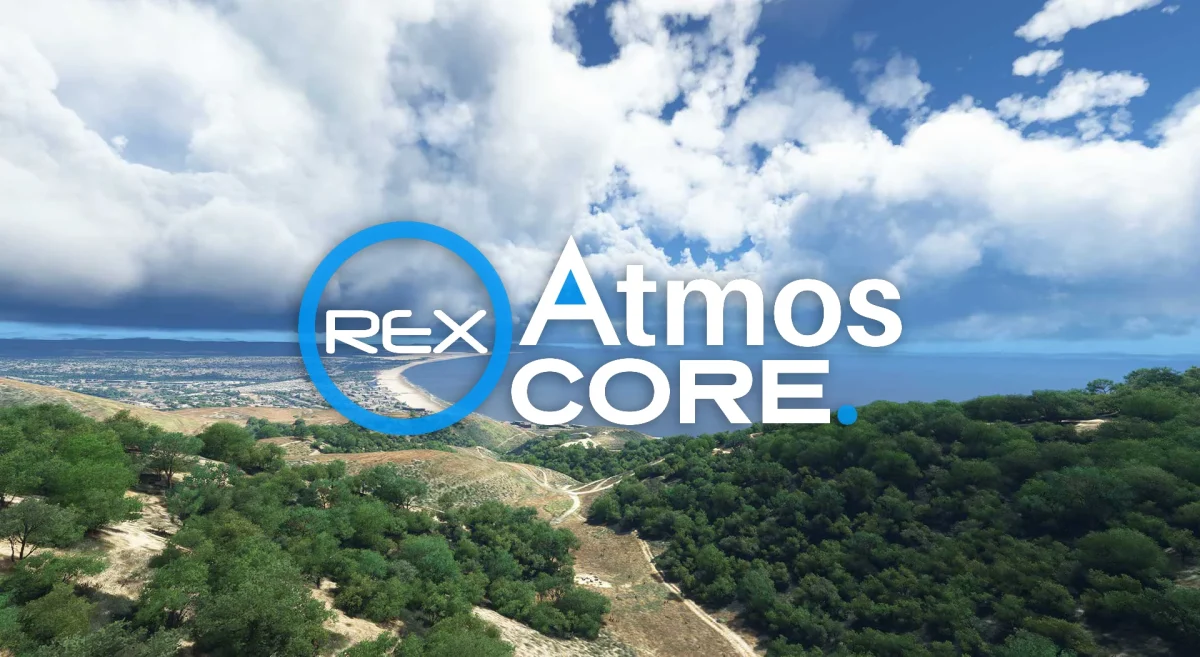 Screenshot do REX Atmos CORE no Microsoft Flight Simulator 2024, exibindo um céu com cores e nuvens personalizadas.