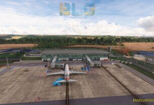 Vista aérea do Aeroporto Regional de Cascavel (SBCA) no Microsoft Flight Simulator, destacando o terminal de passageiros e pátio de aeronaves.