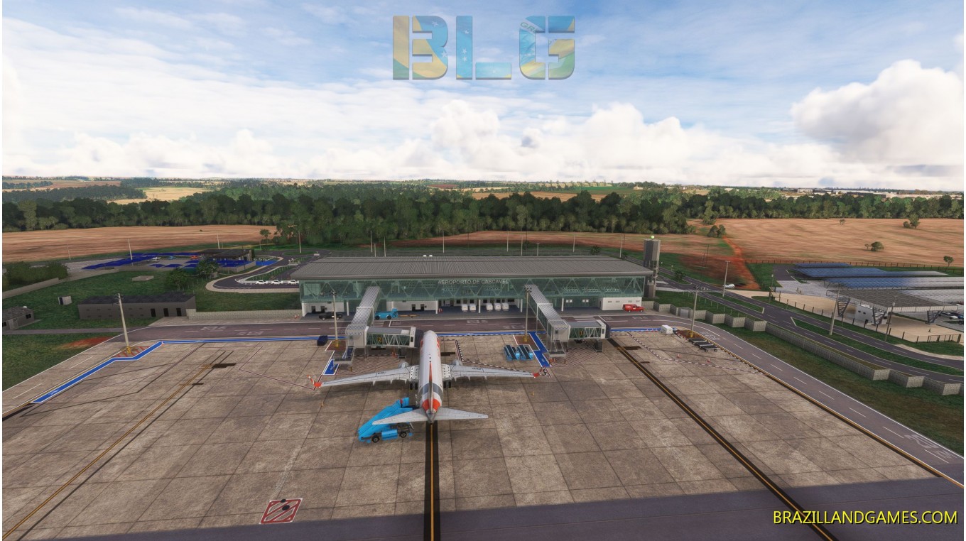 Vista aérea do Aeroporto Regional de Cascavel (SBCA) no Microsoft Flight Simulator, destacando o terminal de passageiros e pátio de aeronaves.