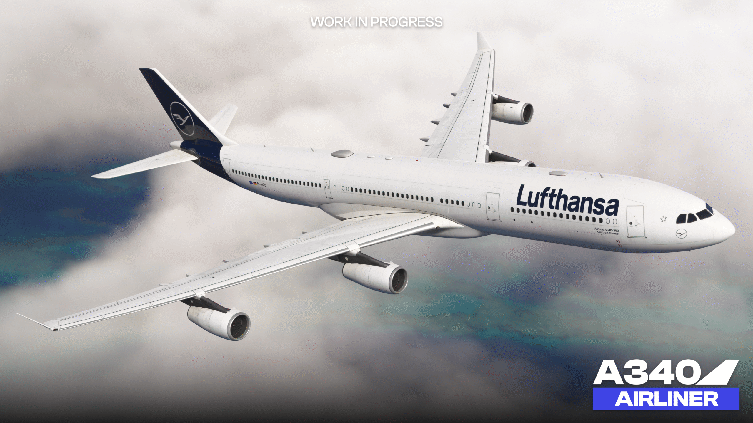 Renderização do Airbus A340-300 da iniBuilds voando em alta altitude no Microsoft Flight Simulator 2024.